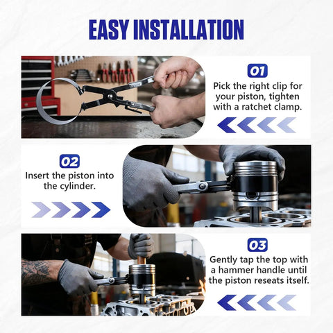 Six Piece Piston Ring Compressor Tool Set With Adjustable Rings And Installer Pliers being used for engine installation