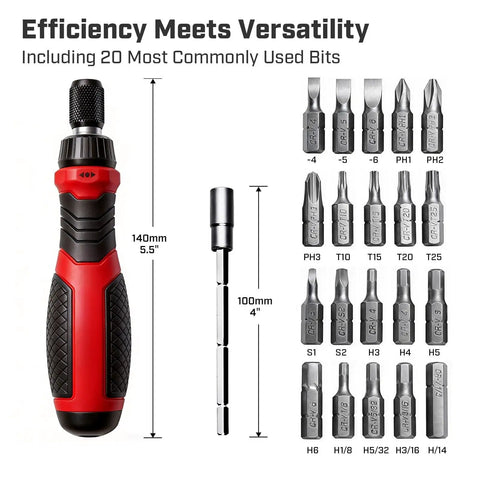 Top Notch 21 Piece Ratcheting Screwdriver Set Made From Tough CR-V Steel With Magnetic Multi Bit Kit Including All Star Phillips Torx And Hex Flathead Bits Plus An Extendable Shaft And 3 Way Handle For Heavy Duty Home DIY Or Pro Repairs That Actually Work, 21-piece set with 140mm handle and 100mm shaft