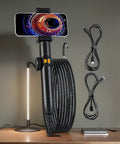 Heavy Duty Borescope Camera With Bendable Endoscope Lens For Tight Squeeze Diagnostics And Real Time Video Feed with phone holder and cables.