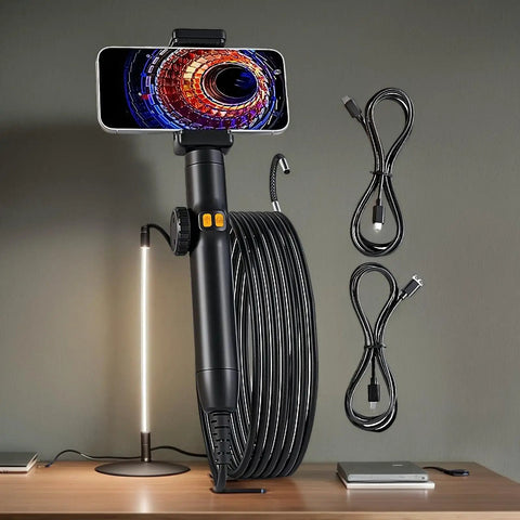 Heavy Duty Borescope Camera With Bendable Endoscope Lens For Tight Squeeze Diagnostics And Real Time Video Feed with phone holder and cables.