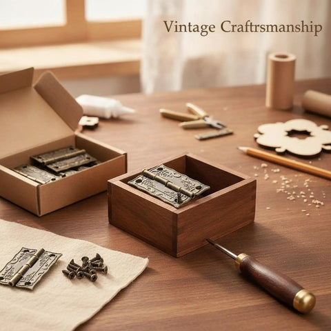 1.5 Inch Decorative Bronze Zinc Alloy Hinges For Small Jewelry Boxes And Craft Chests With Scalloped Edge Design, 20 Pack With Screws For Easy DIY Repairs And Keepsake Box Upgrades displayed on a wooden table with tools and screws.