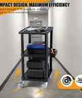 Rock Solid 3 Tier Heavy Duty Rolling Utility Cart Built Different With Hella Tough Polypropylene Shell Rust Resistant Foam Core Mobile Workstation showing compact design in hallway.