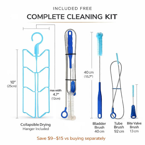 Complete cleaning kit for Hydration Backpack 18L With Upgraded 3L Leak-Proof Bladder, includes brushes and drying hanger.