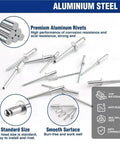 500Pcs Aluminum Blind Rivets Set Dome Head Pop Rivets For Metal And Plastic, Easy Install With Manual Or Pneumatic Riveting, No Fuss Vibration-Resistant Fasteners For DIY Auto And Sheet Metal Projects. aluminum blind rivets displayed with standard size and smooth surface
