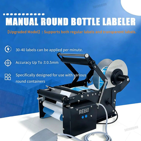 No Sweat Heavy Duty Round Bottle Labeling Machine With Smart Digital Control Quick Adjust Applicator, semi-automatic for round containers.