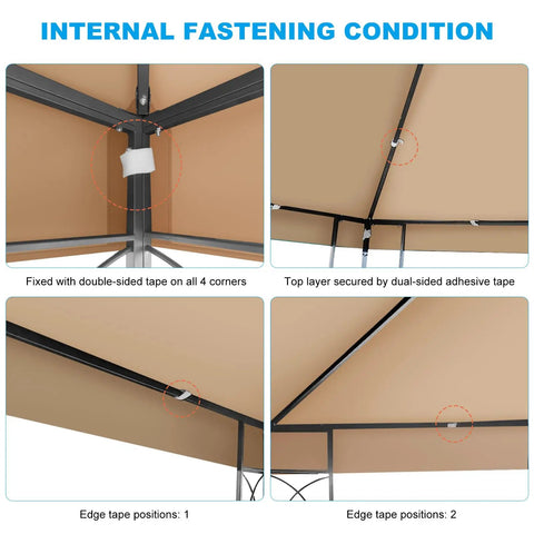 Internal view showing fastening details of 10x10 Ft Replacement Gazebo Top Canopy Cover Weatherproof Sun Shade With 300D Polyester Waterproof UV Resistant Single Tier Outdoor Gazebo Roof For Shop Yard Patio And Outdoor Commercial Use Khaki