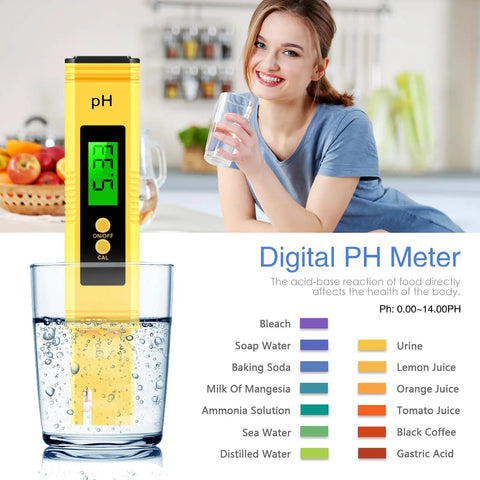 Digital Water PH Tester With 0.01 Accuracy And 0 To 14 PH Range For Hydroponics Drinking Water Pools Aquariums And Home Labs Easy To Use With Bright LED Backlit Display For Clear Readouts Even In Low Light in glass of water with chart