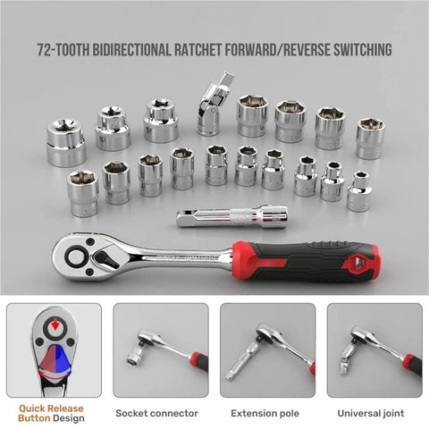 Pro Grade 64 Piece Socket And Bit Set With Three Eighths Inch Drive, 72 Tooth Ratchet Wrench Kit In Cr V Steel, layout view