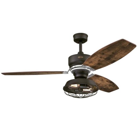 Vintage Indoor 54 Inch Ceiling Fan With Light And Remote, Weathered Bronze Two Tone Finish With Reversible Driftwood And Reclaimed Hickory Blades