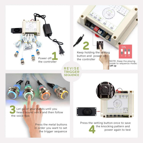 Step-by-step setup guide for Next Level Four Color Metal Button Props With 12V Magnetic Lock in exit room games.