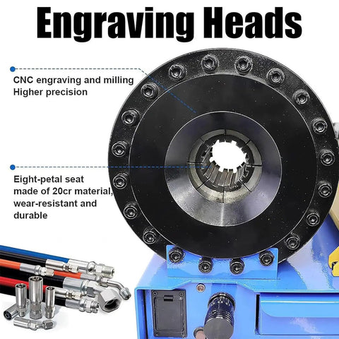 Top Tier Manual Hydraulic Hose Crimping Machine With Seven Quick Change Dies And Magnetic Jaw close-up of engraving head with detailed features.