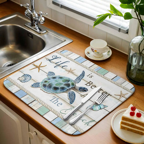 Blue Starfish Shell Conch Wood Grain Dish Drying Mat For Kitchen Counter Super Fast-Drying Ultra Absorbent Microfiber Drainer Pad Three Layer Sponge Core Reversible Drying Pad 18 by 24 Inches Non Slip in coastal design with turtle print.