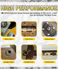 Image showing various uses of a Heavy Duty Screw Extractor Set With Titanium HSS 6542 Bits for removing broken, rusted, and stripped screws.