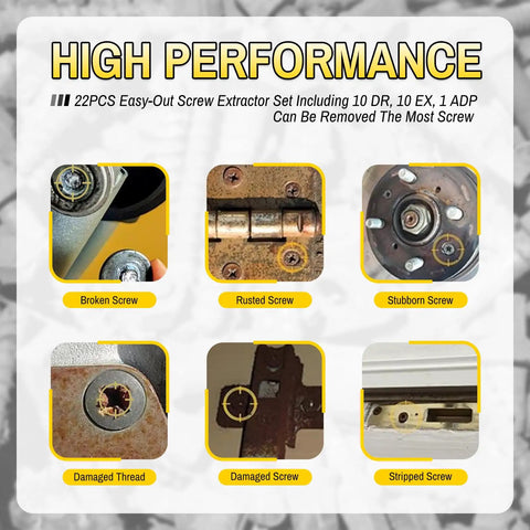 Image showing various uses of a Heavy Duty Screw Extractor Set With Titanium HSS 6542 Bits for removing broken, rusted, and stripped screws.