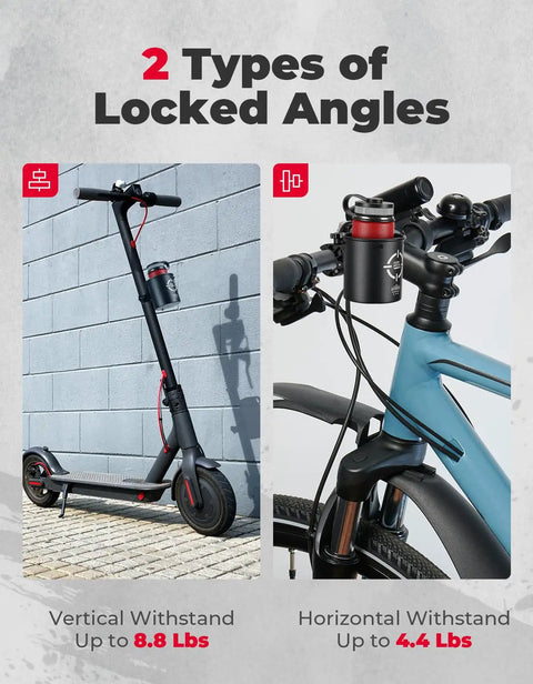 Rugged Motorcycle Cup Holder With Heavy Duty Metal Clamp For 0.6 To 1.5 Inch Range, 32 Oz Bottle Capacity on scooter handlebars
