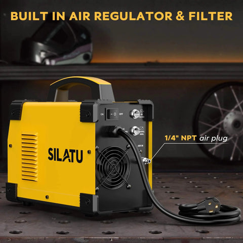 Side view of yellow 65 Amp Non HF Plasma Cutter With Blowback Pilot Arc CNC Ready Dual Voltage 110 And 220V Large LED Display Air Sensor Technology