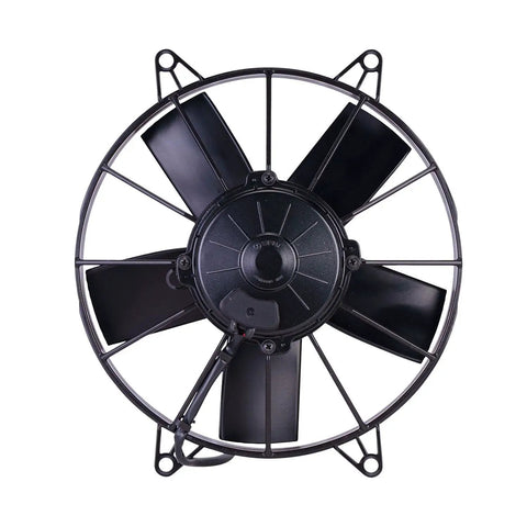 Spal 10 Inch High Performance Puller Electric Cooling Fan For Engine Radiator Grilles, black axial blower with six blades.