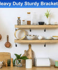 Heavy Duty Wood Corner Brackets With 150 Screws 25 Piece Set installed on wooden shelves holding kitchen items