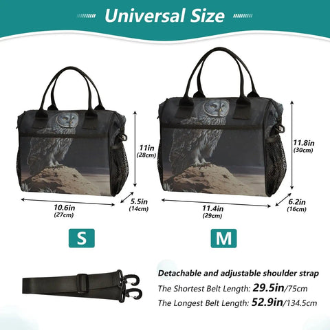 Insulated Leakproof Lunch Tote For Women And Men, owl design, sizes S and M, adjustable strap shown, polyester cooler bag