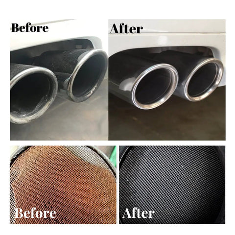 Before and after use of Catalytic Converter Cleaner 2 Pack For Gas And Diesel Cars Engine And Exhaust System Cleaner To Remove Carbon Buildup Boost Power Smooth Idle And Improve Fuel Efficiency With Fuel System Treatment Oil Additive, showing clean exhaust pipes and catalytic converter.
