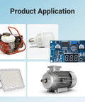 Blue LM2596 Adjustable DC-DC Buck Converter Module With LED Voltage Display shown in various applications including motors and lights.