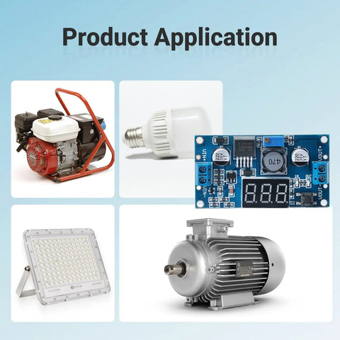 Blue LM2596 Adjustable DC-DC Buck Converter Module With LED Voltage Display shown in various applications including motors and lights.