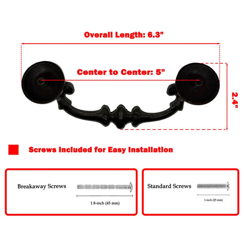 Oil Rubbed Bronze 6 Pack Drawer Pulls With Vintage Drop Bail Handles 5 Inch Hole Centers dimensions and included screws