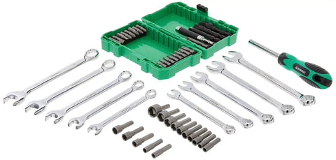 142 Piece Mechanics Tool Kit And Socket Set With High Torque Ratchet, 72-Tooth Gear, shown with wrenches and sockets in case