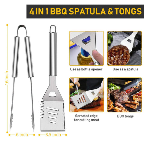 4-in-1 BBQ spatula and tongs from 34 Piece Grill Accessory Set With Heavy Duty Stainless Steel Tools Built In Thermometer Grill Mats And Hanging Loops For Easy Storage Dope Backyard BBQ Gear For Men And Women Durable Dishwasher Safe Outdoor Cooking Kit