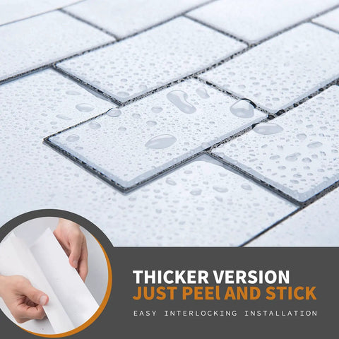 Thick 3.3mm Peel And Stick Subway Backsplash Tiles 12x12 White With Black Grout, waterproof surface with droplets