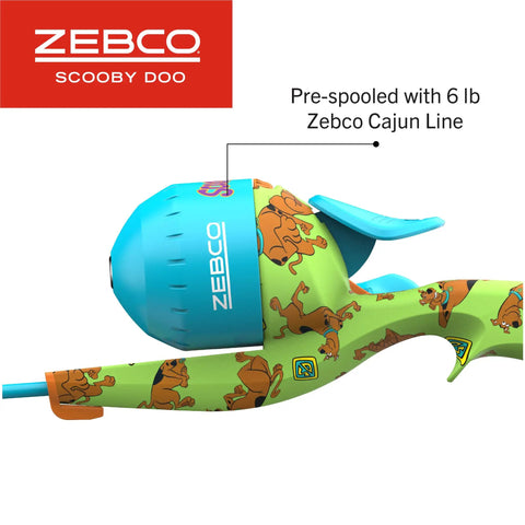 Close-up of Scooby Doo Themed Kids Spincast Fishing Combo with colorful design and pre-spooled reel, emphasizing fun and ease of use.