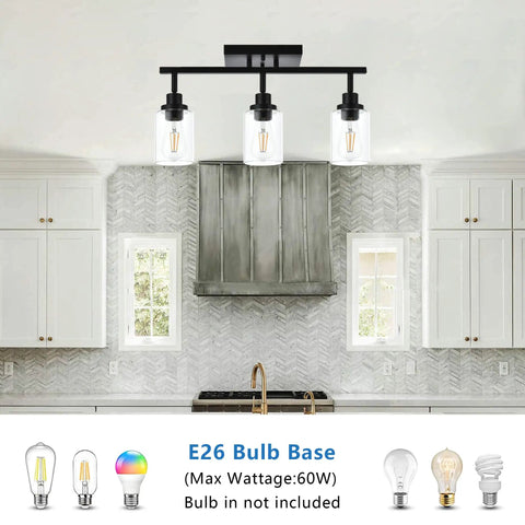 Three Light Black Vanity Light Bar With Rotating Track Heads And Clear Glass Shade 20.5 Inch Ceiling Fixture In Kitchen