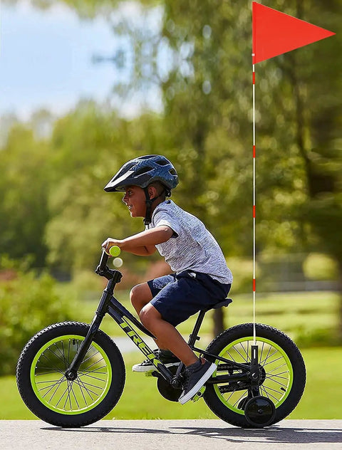 Child riding bike with Two Pack Upgraded Bike Flags With Poles For Maximum Road Visibility, 6 Ft High Visibility Orange Flags, rear mount