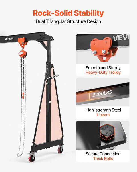 Workhorse Grade Adjustable Gantry Crane 4400 Lbs Capacity Portable Shop Lift Hoist With Manual Trolley Kit, dual triangular structure design.