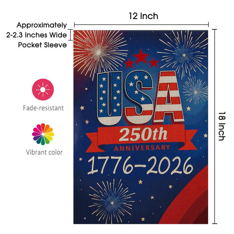 250th Anniversary USA Garden Flag Outdoor Double Sided Fireworks Design 1776 2026 All American Patriotic Yard Decor 12x18 Inch Waterproof Burlap Flag For Outdoor Use And Holiday Celebrations, featuring USA text and fireworks.