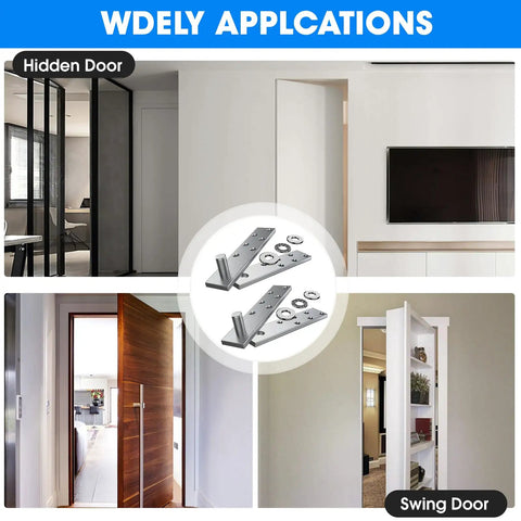 Rock Solid Heavy Duty Hidden Pivot Door Hinge Featuring Dead Smooth 360 Degree Ball Bearing Rotation For Secret Pantry Closet Doors shown in various door applications.