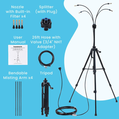 Standing Misting System For Outdoors With 26Ft Hose And 4.8Ft Adjustable Height Tripod Base Portable Patio Cooler components.