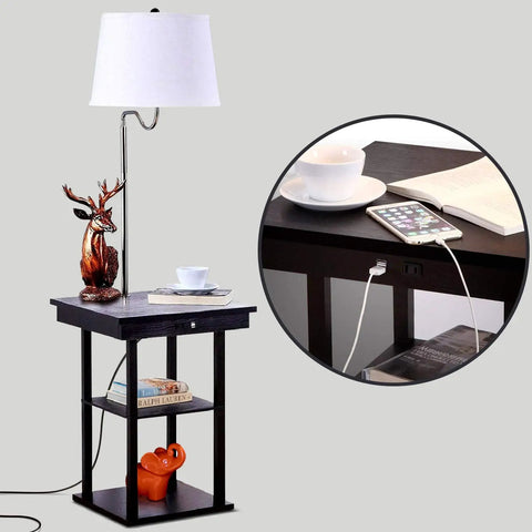 Space Saving Side Table With Built In Floor Lamp And USB Port, Nightstand And Desk Lamp Combo, Modern Black End Table With White Shade, Perfect For Small Bedrooms, Living Room Or Office