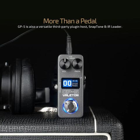 Front view of GP-5 Ultra Compact Multi Effects Processor With NAM IR Loader on an amp, displaying digital screen and controls.