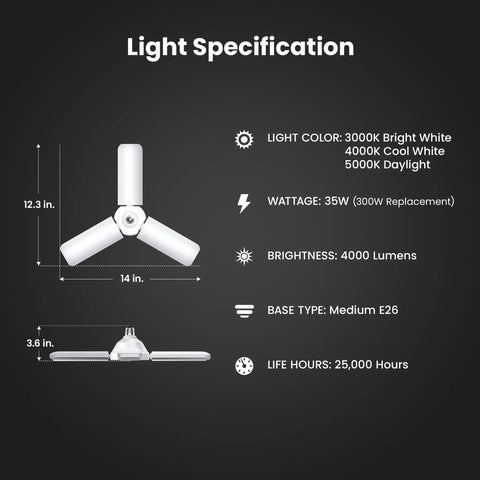 LED Garage Light with Multiple Adjustable Panels, E26 Base, 4,000 Lumens, 300W Equivalent, detailed specifications view
