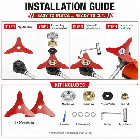 Installation guide for Top Rated Heavy Duty 3 Tooth Brush Cutter Blades For Yard Machines Y28 Plus More Models, showing steps and tools.