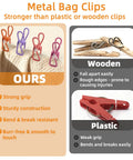 Slick 10 Pack Colorful Metal Chip Bag Clips With Rubber Finger Guards And Heavy Spring Steel Design displayed on fabric.
