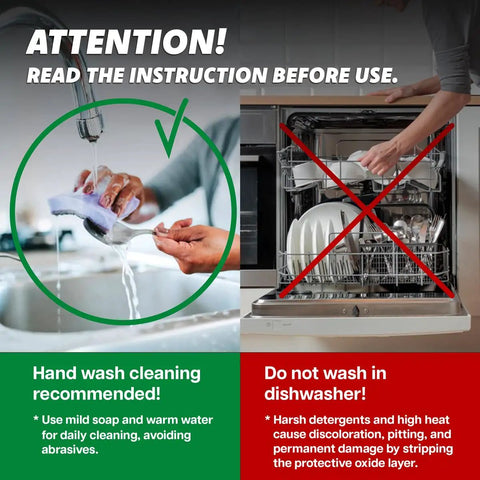 Attention sign showing hand washing vs dishwasher for Dual-Sided Aluminum Meat Mallet Tenderizer For Steaks Veal And Chicken.