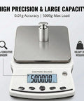 Top Notch 5000G Lab Scale With 0.01G Readability And Calibration Weights, digital display showing 5000.00 g