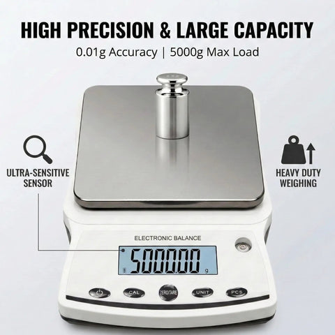 Top Notch 5000G Lab Scale With 0.01G Readability And Calibration Weights, digital display showing 5000.00 g