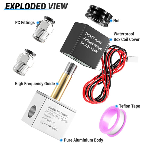 Exploded view of 12V DC One Quarter Inch NPT Solenoid Air Valve, 2 Way Normally Closed, 2V025-08 Outlet Wire components