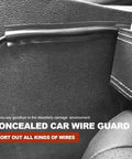 Close-up of car cable concealer sleeve kit installation, showing flexible PVC wire sleeve and adhesive covers for hidden wiring.