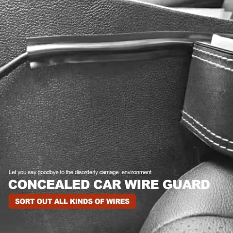 Close-up of car cable concealer sleeve kit installation, showing flexible PVC wire sleeve and adhesive covers for hidden wiring.