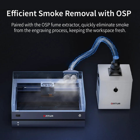 20W Laser Engraver And Cutter With Air Assist For Wood Metal Acrylic shown with OSP fume extractor for smoke removal