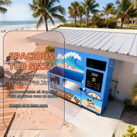 Self Service Pet Bathing Station With High Pressure Adjustable Sprayer Built For Large Medium And Small Pets Perfect For Grooming Shops And Pet Stores Rugged Commercial Pet Washing Machine For Easy No Sweat Cleaning with sandy beach background.